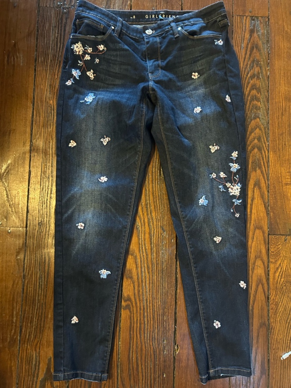 White House Black Market Dark Blue Skinny Jeans with Floral Embroidery
